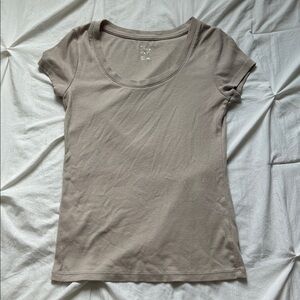 A New Day Short Sleeve Scoop Neck Top in Taupe